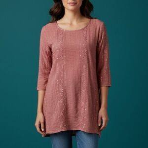 3/$30 SHANNON FORD Dusty Pink Embroidered Beaded Sequin Batik Tunic